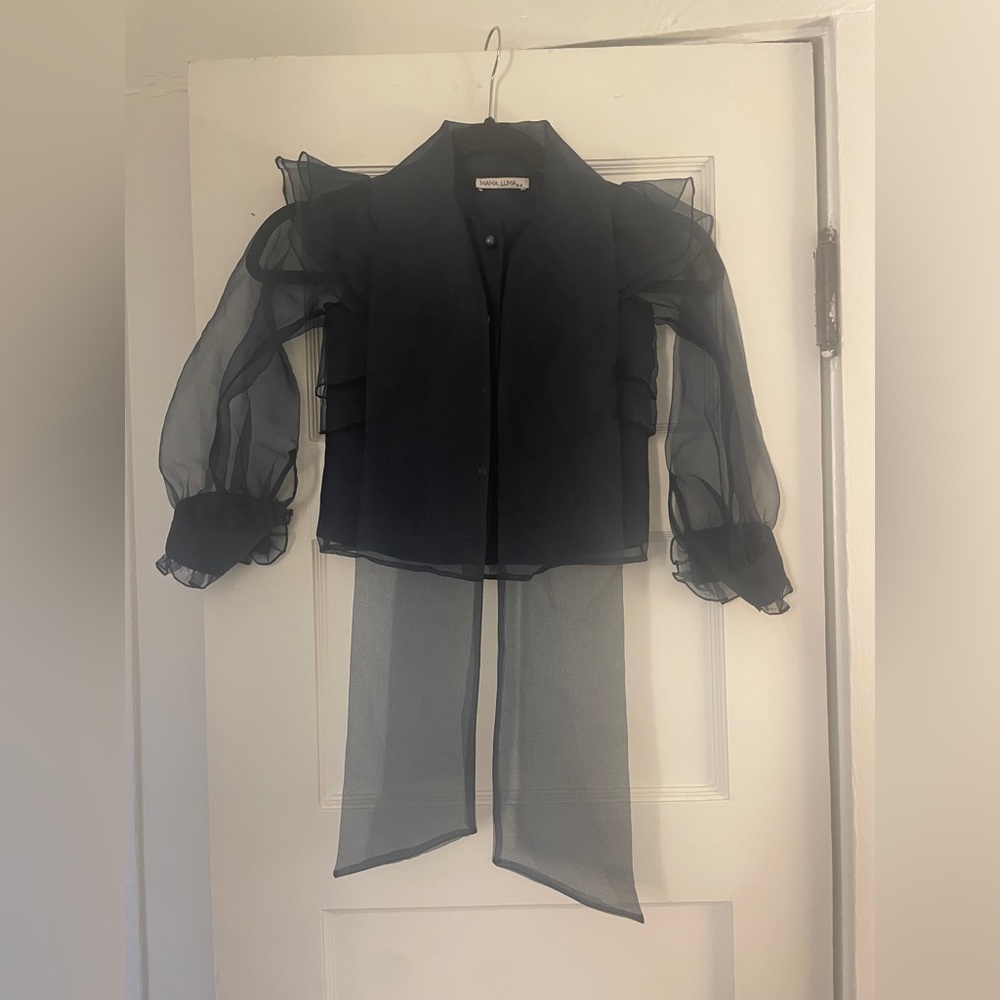 Mama Luma Navy Blue Ruffled Button Down Dress Top